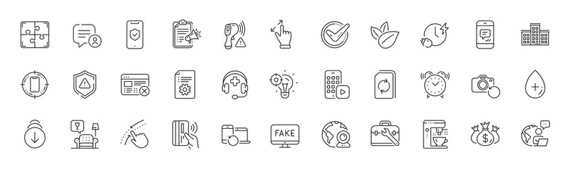 Scroll down, Reject web and Puzzle line icons. Pack of Swipe up, Recovery photo, Phone app icon. Recovery devices, Touchscreen gesture, Update document pictogram. Tool case. Line icons. Vector