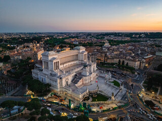 Aerial photo with drone of Venice square in Rome with the Vittorio Emanuele II monument in Spring during the day