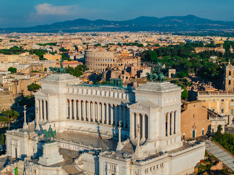 Aerial photo with drone of Venice square in Rome with the Vittorio Emanuele II monument in Spring during the day