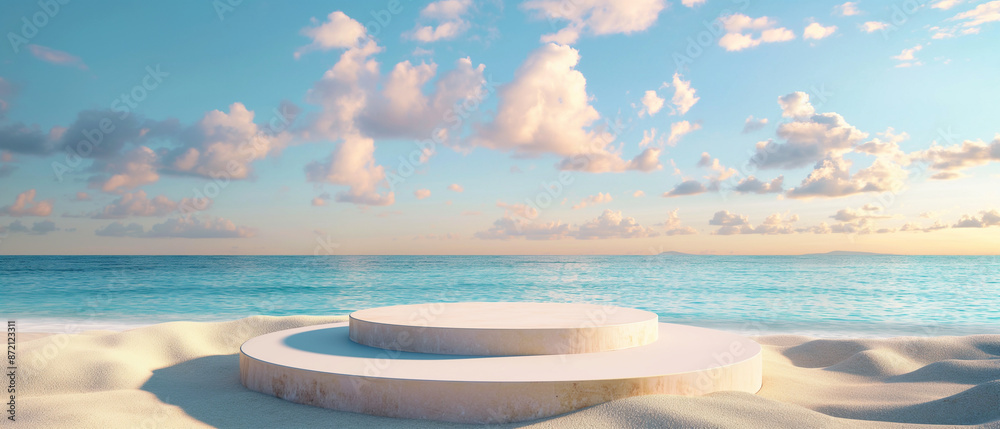 Wall mural Circular podium on a serene beach with calm ocean and pink clouds. Copy space. Generative AI	