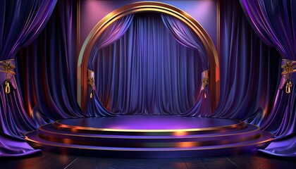 Purple Stage with Golden Accents and Draped Curtains