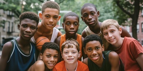 photo group of youthful boy diverse people at street, sport team, basketball team