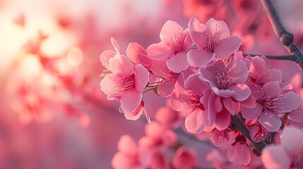 Cherry blossoms in full bloom against pink sky