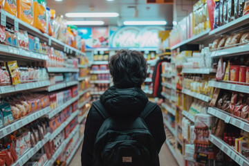 Fototapeta premium A person is walking down a grocery aisle with a black backpack on