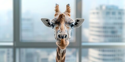 A giraffe in an office with a tie symbolizing business foresight. Concept Conceptual Photography, Animal in Business, Giraffe with Tie, Office Setting, Symbolic Imagery