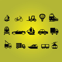 A collection of black silhouettes representing various modes of transportation on a yellow background.