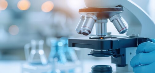 Close-up of a microscope in a laboratory setting.