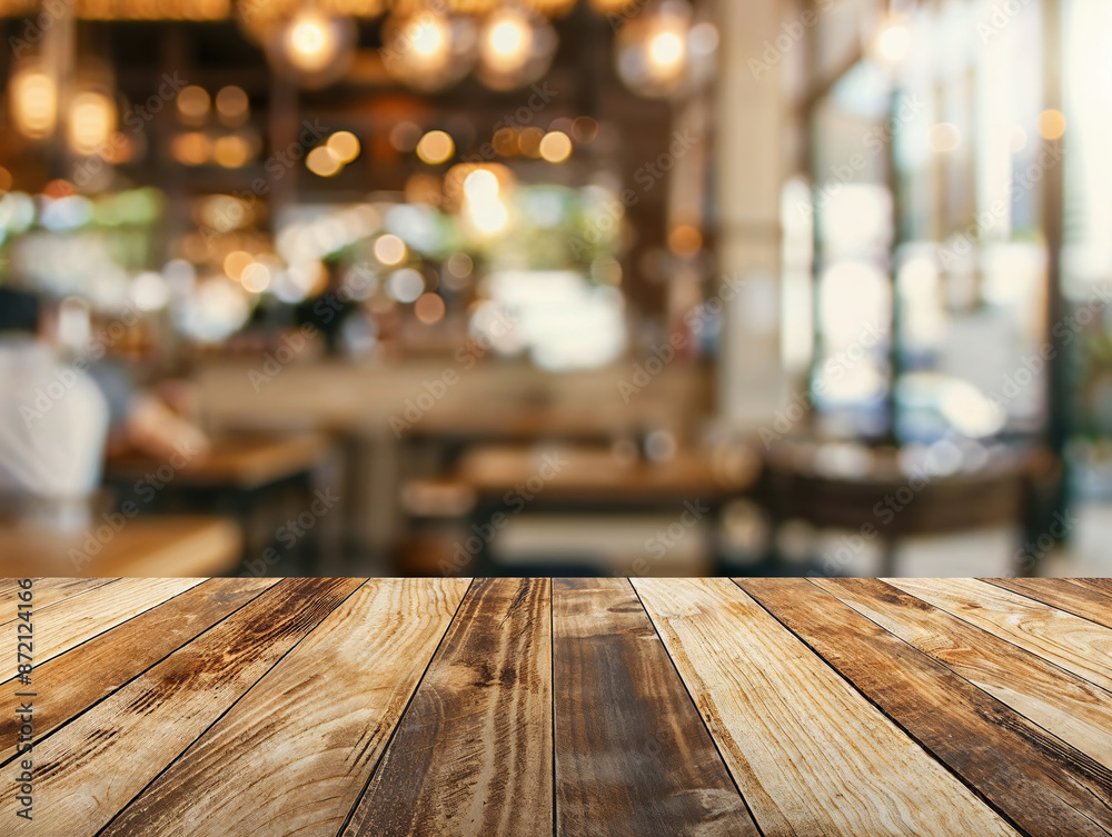 Aufkleber rustic wooden table with a cozy restaurant background, perfect for showcasing products in a cafe or 