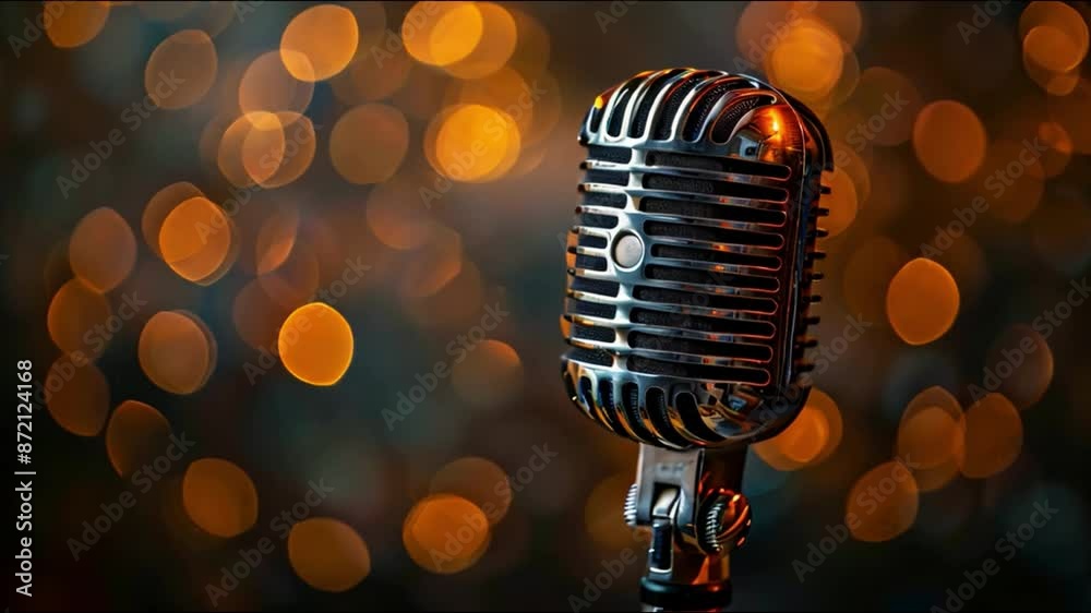 Poster this vintage microphone on a stage with orange bokeh lights in the background.
