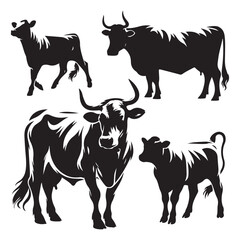Fototapeta premium Set of cow silhouettes isolated on a white background, Vector illustration.