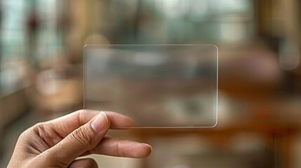 Mockup of hand holding blank translucent card as call-card template.