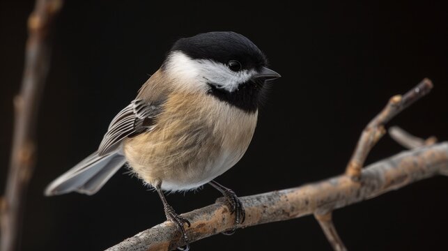 A Black-capped Chickadee, small and plump, perched on a twig with a pitch-black background. The simplicity of the scene emphasizes the birda??s charming appearance.