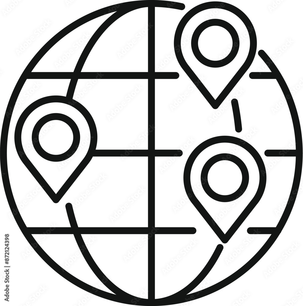 Poster simple line art icon of a globe with three location pins, representing global connectivity and netwo