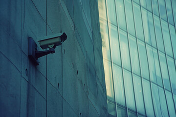 A security camera is mounted on a wall in front of a building