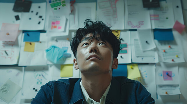 Young Korean Man with Worried Expression at Whiteboard