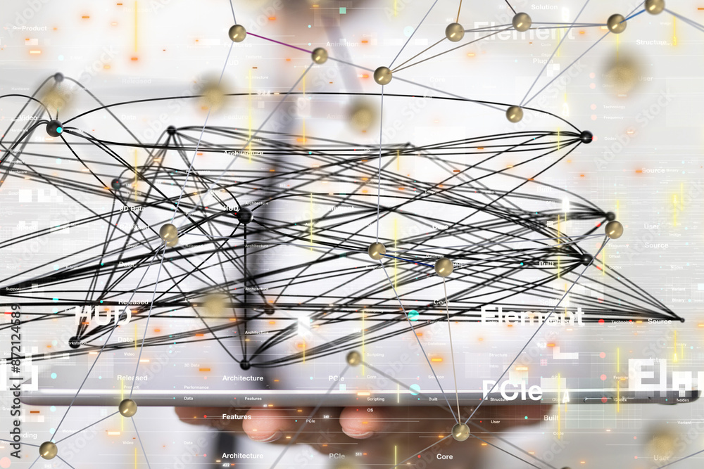 Aufkleber Global network. Blockchain. 3D illustration. Neural networks and artificial intelligence. Abstract