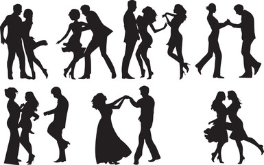 Young couples dancing black silhouette 
