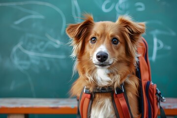 Cute dog with backpack in classroom . Back to school.