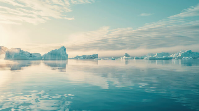 Peaceful Icebergs Floating in Crystal Clear Waters at Dawn