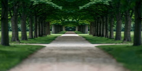 Obraz premium Scenic City Park Pathway Lined with Trees and a Cool Background. Concept Nature Photography, Urban Landscapes, Park Pathways, Tree-lined Views, Cityscape Backgrounds