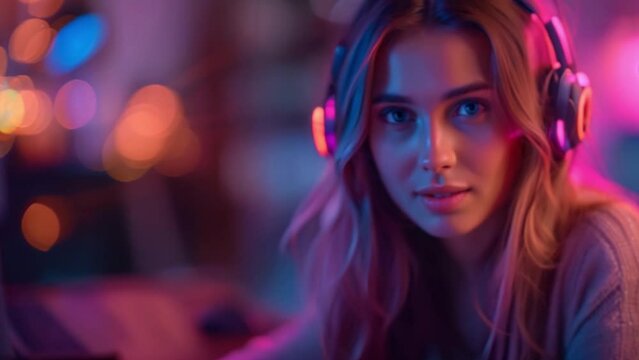 This young woman with long blonde hair is wearing headphones and looking directly at the camera.