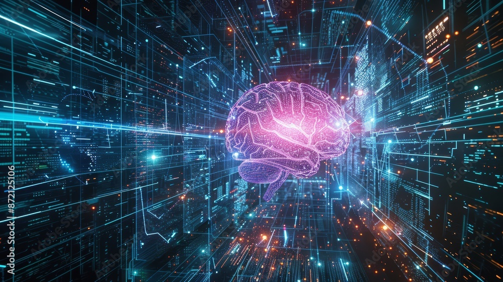 Poster AI Realm: Exploring the digital brain's core, surrounded by flowing big data