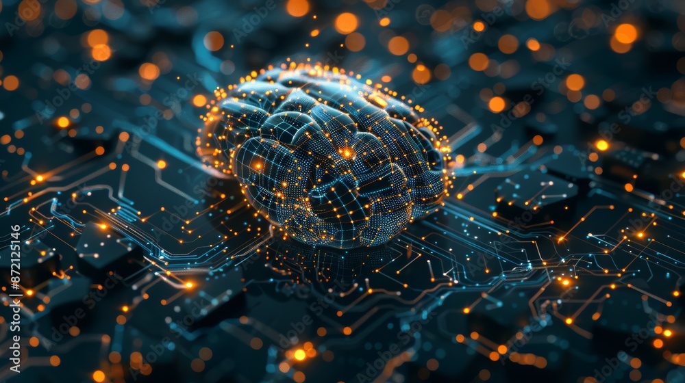 Poster AI Realm: Exploring the digital brain's core, surrounded by flowing big data