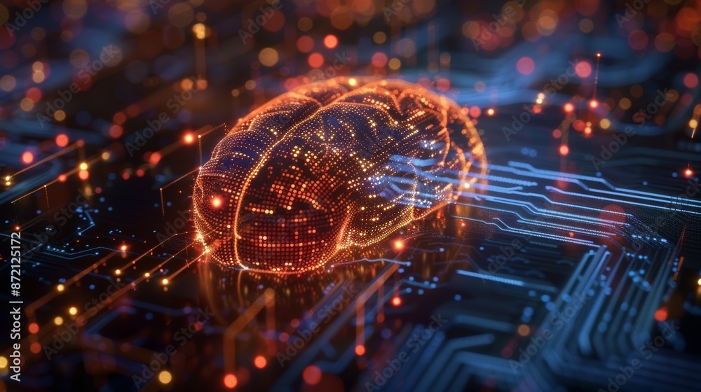 Poster AI Realm: Exploring the digital brain's core, surrounded by flowing big data