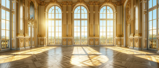 Fototapeta premium Luxurious Baroque ballroom with ornate golden decorations and large arched windows. 