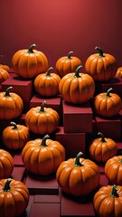 A collection of pumpkins arranged on a red background.