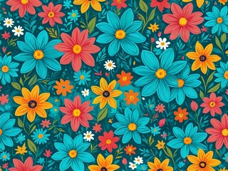 A vibrant and colorful floral pattern with blue, yellow, red, and white flowers on a teal background.