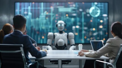 Executives engage with AI robots for discussions and planning, fostering collaboration in modern business settings AIG62