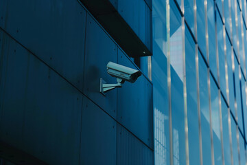 A camera is mounted on a building