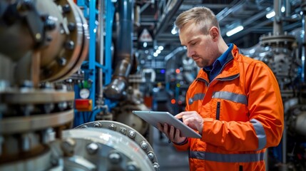 Engineer in orange jacket using tablet for maintenance and inspection inside an industrial facility with machinery and equipment