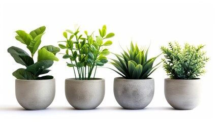 Set of artificial plants in flower pots on white background