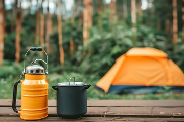 Fototapeta premium Camping gear with portable stove and lantern, gear, outdoor equipment