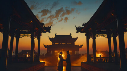 
Romantic newlywed Chinese couple in Hanfu enjoying fireworks in front of ancient Chinese architecture at night, love story and cultural attire.