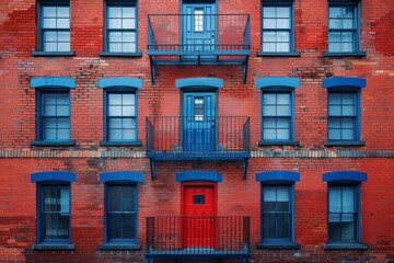 Urban Brick Building with Blue and Red Accents