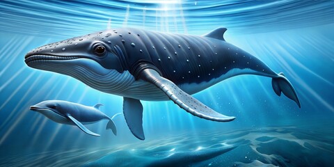 Fototapeta premium The image features a mother and baby blue whale swimming in the ocean. The sun is shining brightly, creating a beautiful and serene atmosphere Generate AI