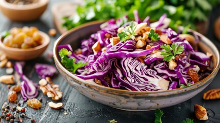 Fototapeta premium French cuisine. Salad of three types of cabbage with nuts and raisins.