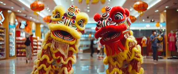 Fototapeta premium Two Lion Dance Performances Welcoming Guests During A Store Opening Celebration, Filled With Energy And Tradition,High Resolution, Ultra HD