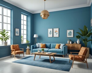 Stylish living room interior with blue walls, a blue sofa, and a blue rug.