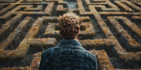Individual finding way through difficult labyrinth. Concept Challenging Maze, Problem Solving, Labyrinth Escape, Strategy Tactics, Searching for Answers