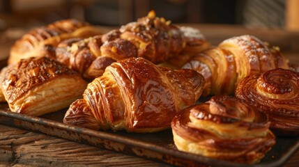 A rusted metal tray holds an assortment of flaky pastries baked fresh from a nearby bakery.