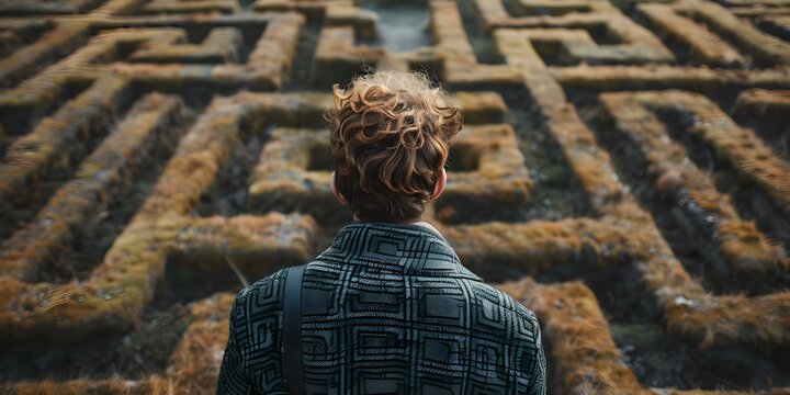 Individual finding way through difficult labyrinth. Concept Challenging Maze, Problem Solving, Labyrinth Escape, Strategy Tactics, Searching for Answers