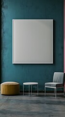 A sleek, monochromatic office interior with pops of vibrant color, featuring a blank white frame on the wall as a minimalist accent piece, adding visual interest to the space.