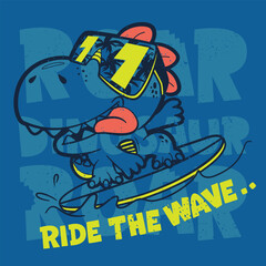 Cute cartoon dinosaur surfing on blue background illustration vector, For t-shirt prints and other uses.