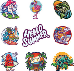 HELLO SUMMER COLLECTION STICKERS, Vector graphic elements. Holidays, beach, nature and outdoor activities filled outline icons. Scrapbook vacation illustrations.