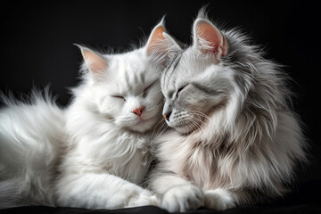 Two white and silver Maine Coon cats sit next to each other in a loving pose on a black background