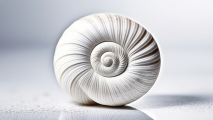 Obraz premium Ancient white shell with spiral pattern on white mirror background with reflection. Chambered nautilus (Nautilus pompilius)